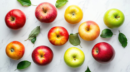A top-down view of a variety of apples in different colors and sizes, placed on a white marble countertop, creating a bright and refreshing visual of natural fruit.