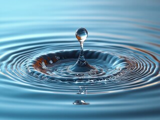 A water droplet creates ripples in a serene blue surface.