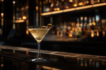 A classic martini with an olive garnish, set on a sleek bar top under moody lighting