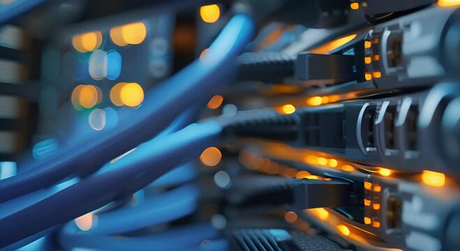 Network Server with Blue Cables and Orange Lights