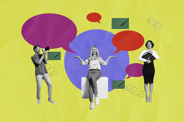 Composite photo collage of three happy girls man correspondence letter message megaphone news...