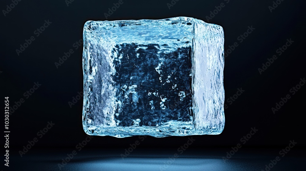 Poster a clear ice cube floating against a dark background.