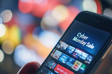 Digital Wallet with Deals: A smartphone displaying a digital wallet loaded with "Cyber Monday Sale" coupons, ready to be redeemed for tech purchases.