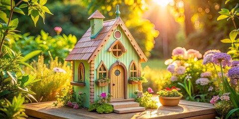 Fototapeta premium A miniature wooden house with a green facade and a thatched roof, surrounded by vibrant flowers and a garden setting, bathed in the soft glow of a setting sun.