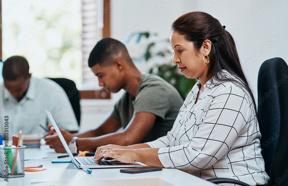 Poster Design, laptop and typing with woman in office of creative agency for research on web development. Business, graphic designer and startup with confident developer or programmer at work for editing