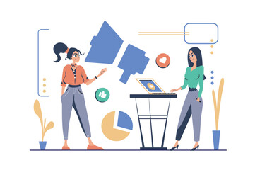 Marketing concept in modern flat cartoon design for web. Women work in team, discussing and brainstorming, creating promotion strategy for business, starting advertising campaign. Vector illustration.