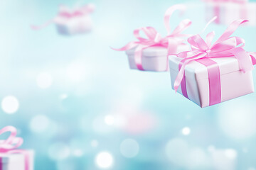 Fototapeta premium Gifts and presents flying with ribbons beside them and copy space. Bright, festive light. Blurred bokeh background of more gifts. 