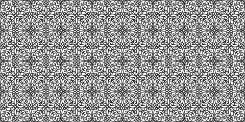 Black and white background with repeating openwork ornament of curls and petals. Endless texture with elegant lace lattice. Vector seamless pattern for print, surface texture, laser or plotter cutting