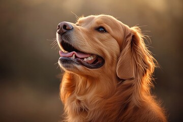 Obraz premium Golden retriever gazing upwards with a soft smile bathed in warm golden light evoking happiness warmth and peaceful joy in a serene outdoor setting