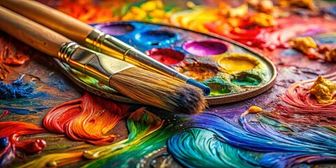 A vibrant palette of colors with two paintbrushes lying on top, ready for artistic expression.
