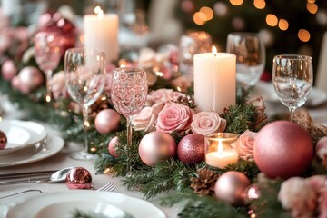 holiday table decor, sophisticated pink christmas dinner table display with sparkling decorations, candles, and greenery for an elegant and festive touch