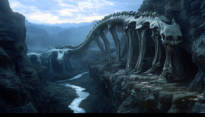 Fototapeta premium A vast canyon filled with enormous, ancient skeletons of creatures never seen before