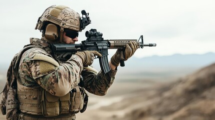 Fototapeta premium A soldier in full desert camouflage, rifle ready, scanning the horizon with a focused expression, military readiness, preparedness in extreme environments