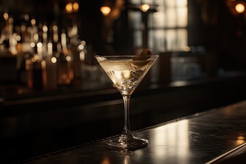 A classic martini with an olive garnish, set on a sleek bar top under moody lighting
