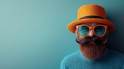 Cheerful Father's Day banner template showcasing a flat lay composition of a classic hat playful glasses and an adorable moustache all set against a bold blue background celebrating dad in style
