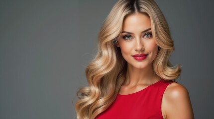 Fototapeta premium Portrait of a striking woman with blonde hair and vibrant red lips, wearing a red dress. The image captures elegance and sophistication against a subtle gray background.