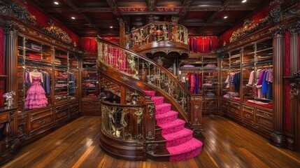 Fototapeta premium Luxurious wooden closet with a grand staircase and elegant decor.