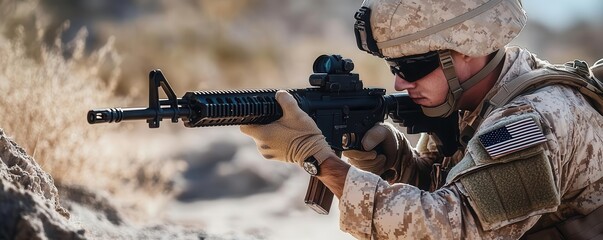 Fototapeta premium Close-up of soldier in desert gear, gripping rifle with intense focus in a hot, sandy environment, military readiness, capturing the essence of focus and preparation