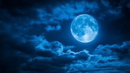 A full moon shines brightly in a dark blue night sky filled with clouds.