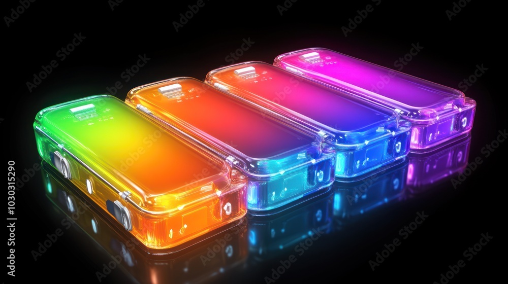 Poster colorful illuminated cases arranged in a vibrant gradient display.