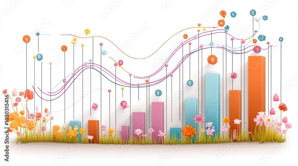 Poster colorful data visualization with graphs and floral elements.
