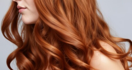 Fototapeta premium Close-up of a woman with beautifully styled flowing red curly hair, showcasing vibrant color and elegant style against a light background. Perfect for beauty and fashion concepts.