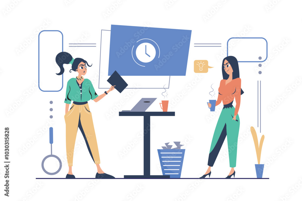Poster Recruitment concept in modern flat cartoon design for web. Woman searching and selecting online resume, finding best candidates for job applicant, interviewing hiring workers. Vector illustration.