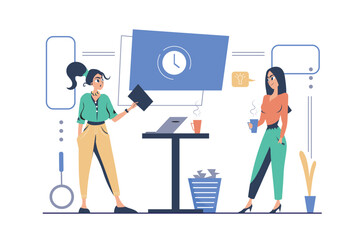 Fototapeta premium Recruitment concept in modern flat cartoon design for web. Woman searching and selecting online resume, finding best candidates for job applicant, interviewing hiring workers. Vector illustration.