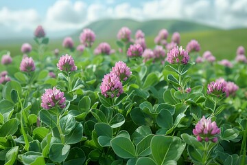 Fototapeta premium Vibrant Clover Field in Bloom Under a Sunny Sky for Nature and Spring Themes