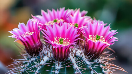 A close-up of a cactus with vibrant pink flowers blooming on top, showing the intricate details of the petals and the sharp spines below.