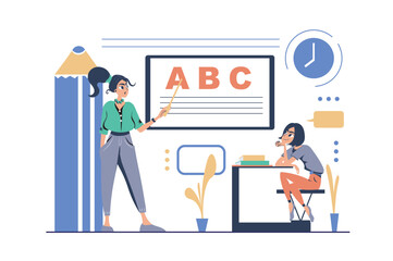 School children concept in modern flat cartoon design for web. Teenage student listening teacher and sitting in classroom art lesson, learning alphabet and other, doing homework. Vector illustration.