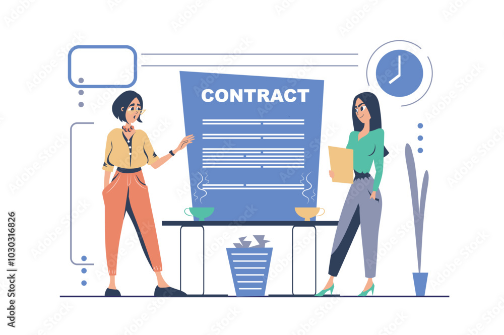Poster Teamwork concept in modern flat cartoon design for web. Women work in team, coworking in office, talking about tasks and job contracts at meeting, developing project together. Vector illustration.