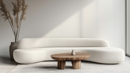 The stylish living room showcases a boucle curved sofa and a wooden table, creating a serene and minimalistic atmosphere. Minimalist, japandi interior design of modern living room.