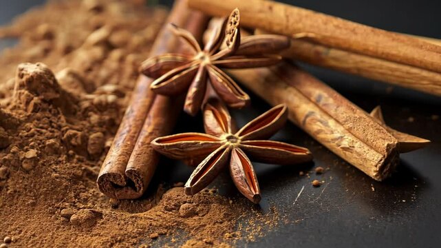 Cinnamon sticks and star anise are arranged on a bed of cinnamon powder