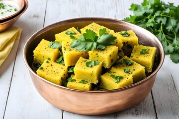 Dhokla in copper bowl on white wooden table