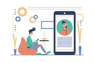 Virtual assistant concept in modern flat cartoon design for web. Man chatting online in app with digital adviser or chatbot for getting information and solving technical problems. Vector illustration.