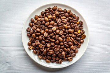Fototapeta premium Minimalist light roasted coffee beans on white plate on table