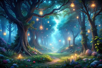Imaginary magical forest at night with low angle view