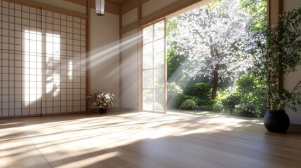 Fototapeta premium Serene Japanese Room with Natural Light and Garden View