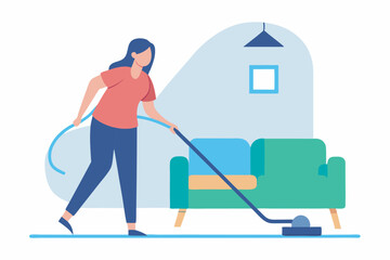 Obraz premium A woman in a red shirt and blue pants vacuums a tidy living room with a green sofa, coffee table, and wall decor including a clock and picture.