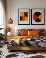 A stylish retro bedroom showcasing checkerboard cushions, bold geometric art, and elegant rattan furniture in a warm atmosphere