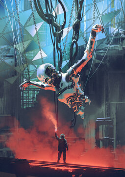 Fototapeta Giant Hanging Robot Being Repaired in Sci-Fi Setting