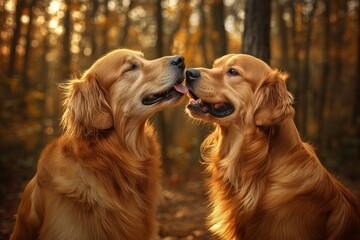 Obraz premium Two golden retrievers playfully interacting in a sunlit autumn forest surrounded by golden leaves evoking friendship joy and warmth in a peaceful natural setting