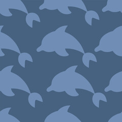 Dolphin jumping. Blue sea mammal. Repeating vector pattern. Seamless ornament of diving sea mammals. Isolated blue background. Flat style. Ocean inhabitant with fins and tail. Idea for web design.