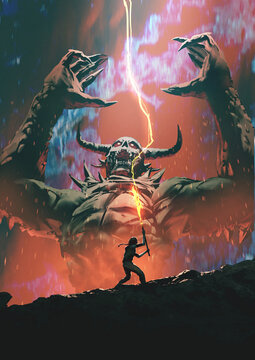 Fototapeta Warrior Facing Giant Demon in Epic Fantasy Battle