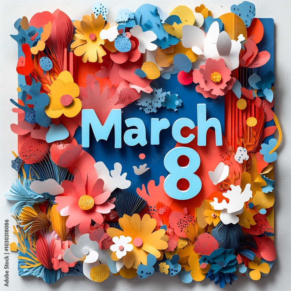Poster dynamic scene with march 8 in 3d paper cut style set against a colorful abstract background with ove