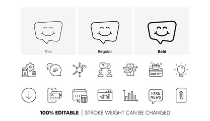 Teamwork questions, Smile chat and Gps line icons. Pack of Fake news, Light bulb, Chemical formula icon. Filling station, Diagram graph, Website statistics pictogram. Text message. Line icons. Vector