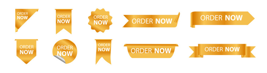 Golden 'Order Now' Ribbon and Badge Icon Set – Vector Banners for E-commerce and Promotions