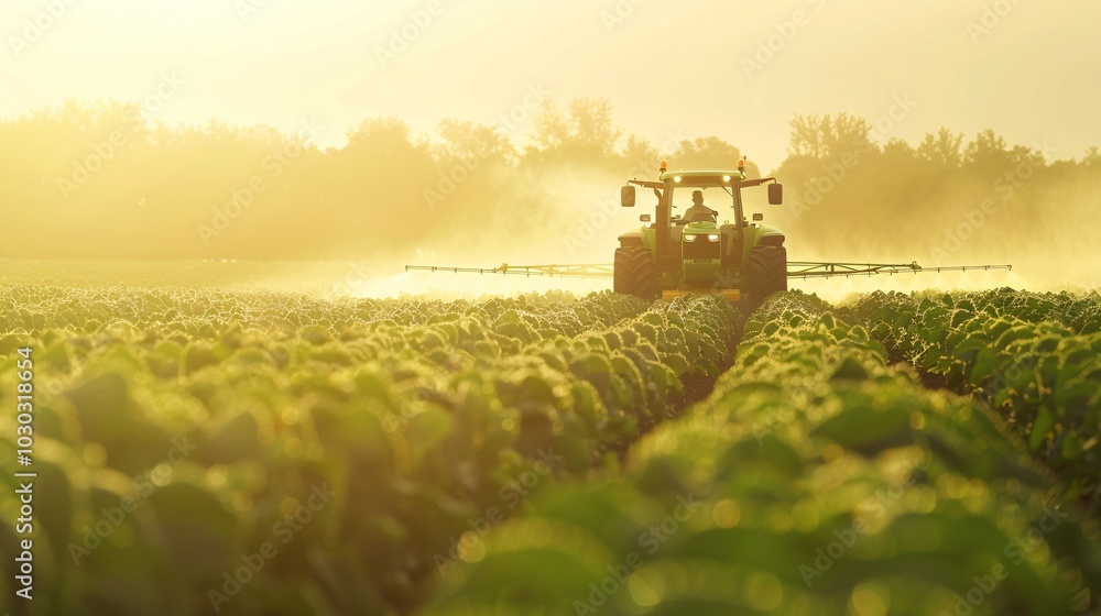 Poster tractor applying spray to a soybean field in spring.