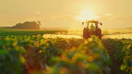 Fototapeta premium Close-up of a tractor spraying chemicals on a soybean field.